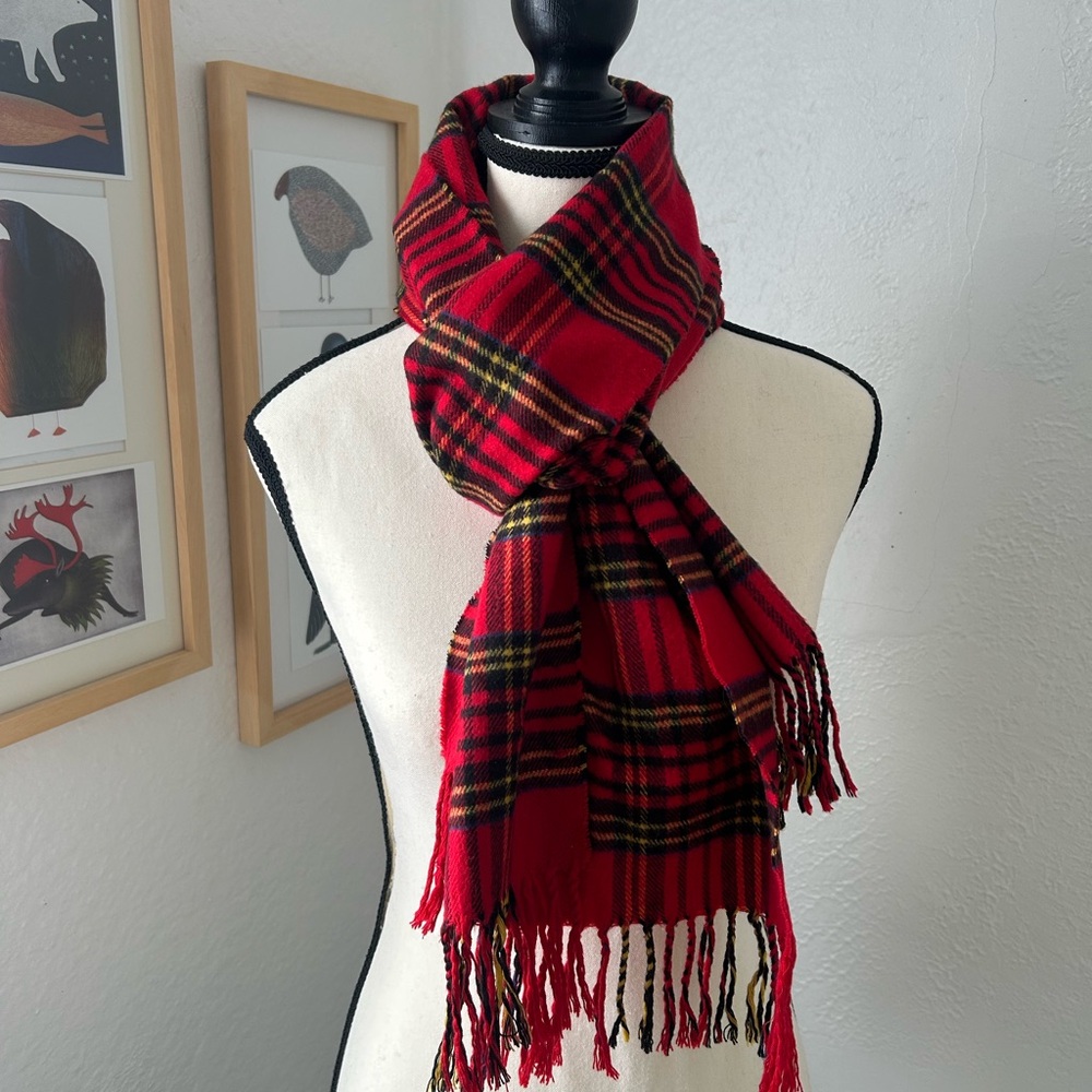 100% Cashmere Scarf Made in Scotland Red, black & yellow plaid check